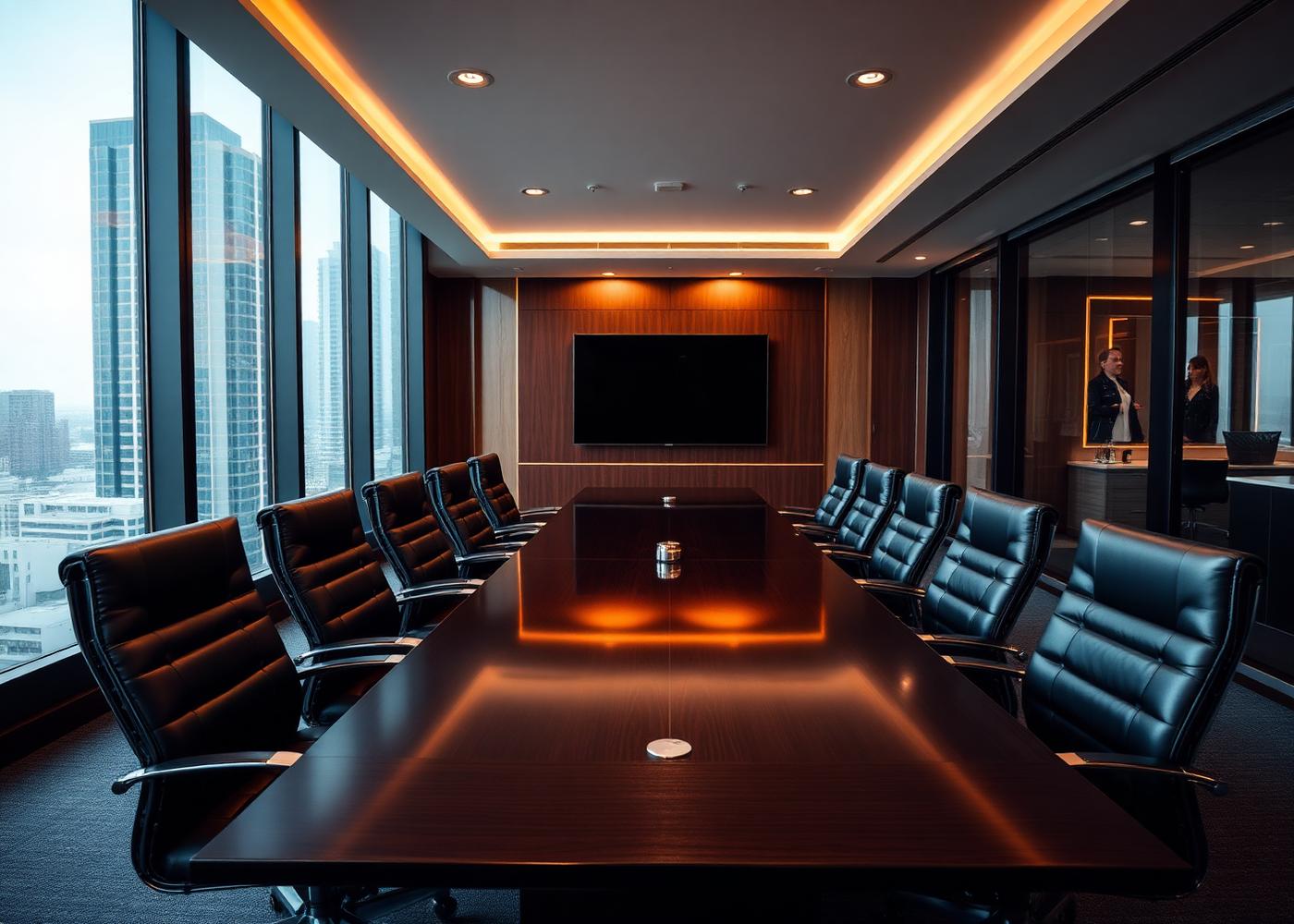 Modern executive boardroom overlooking a city skyline